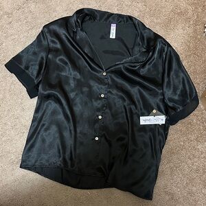 Satin Black Button-Up Pajama Top